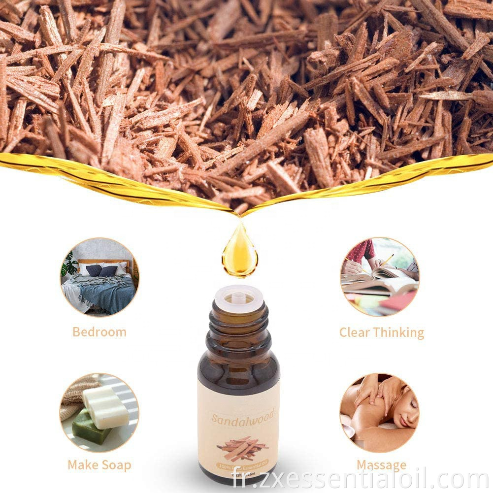 Huiles essentielles d'aromathérapie d'huile essentielle de bois de santal d'approvisionnement d'usine pour le diffuseur, le massage, l'encens, la fabrication de bougies, le parfum